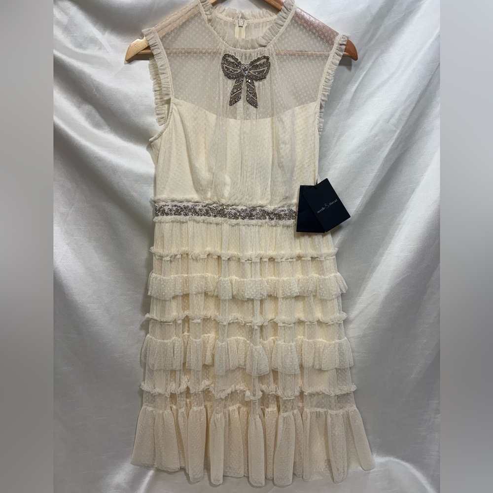 Needle & Thread Cream Ruffle Dress with Bow Accent
